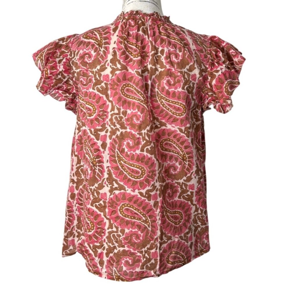 Cleobella Calla Ruffle Paisley Blouse Top Organic Cotton Pink Brown Women Size S - Picture 4 of 9